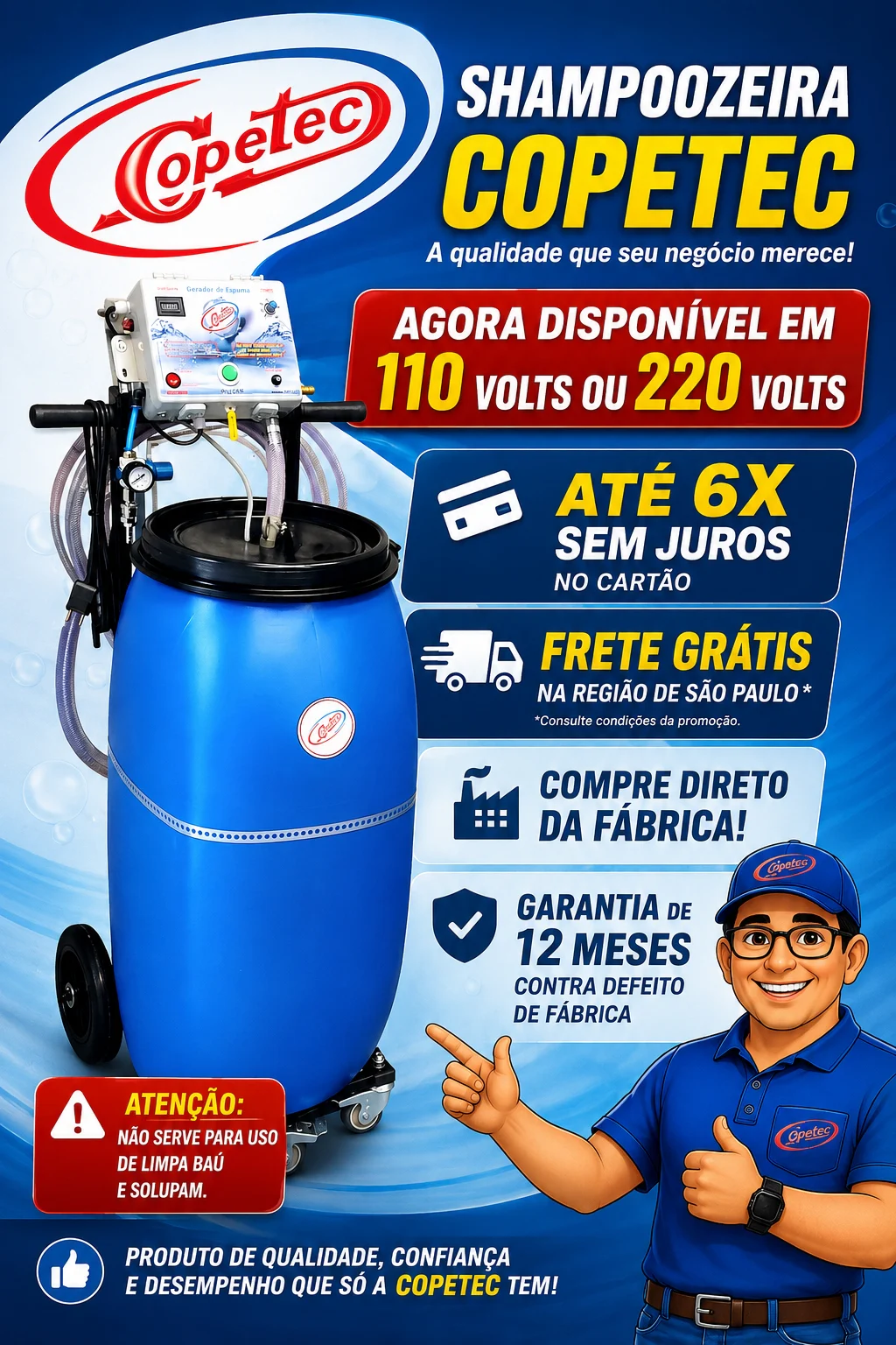 Shampoozeira Copetec completa automática, disponível em 110 ou 220 volts. Consulte as condições no produto.